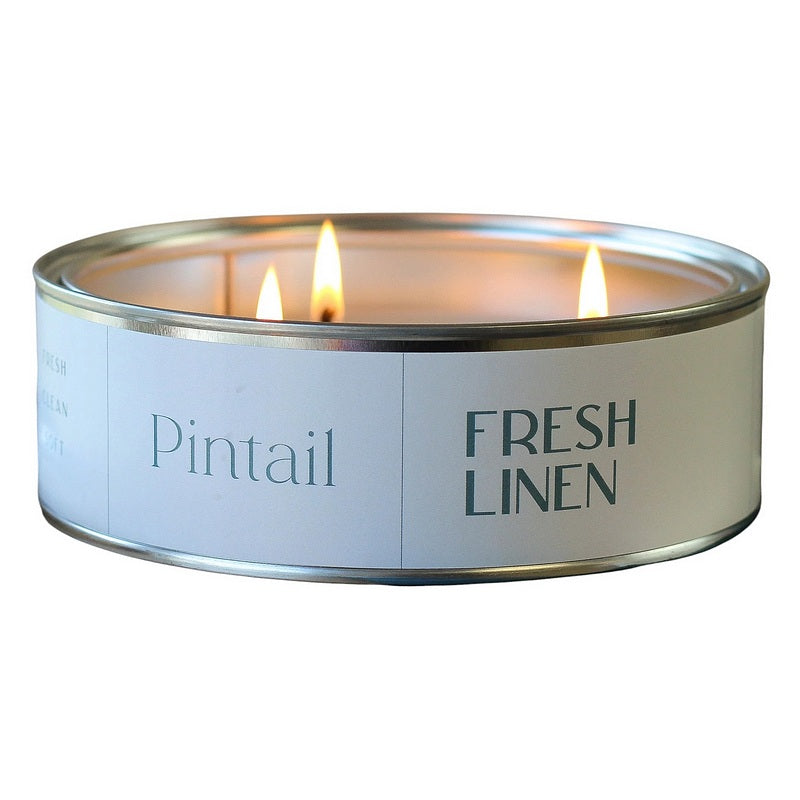 Pintail Candles Fresh Linen Triple Wick Tin front lit