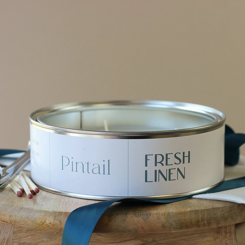 Pintail Candles Fresh Linen Triple Wick Tin lifestyle unlit