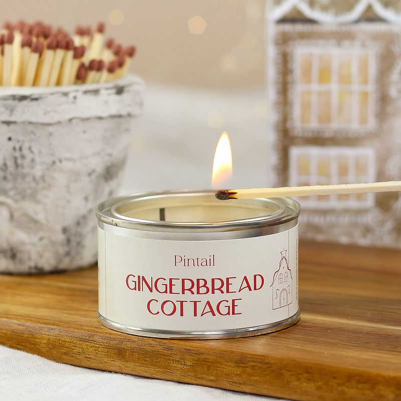 Pintail Candles Paintpot Tin Gingerbread Cottage lifestyle with match