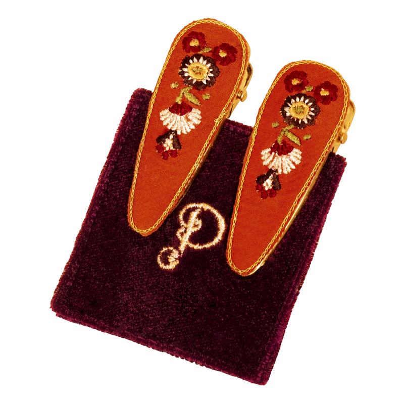 Powder Designs Art Deco Floral Embroidered Hairclips Tangerine 2 Pack EMB8 main