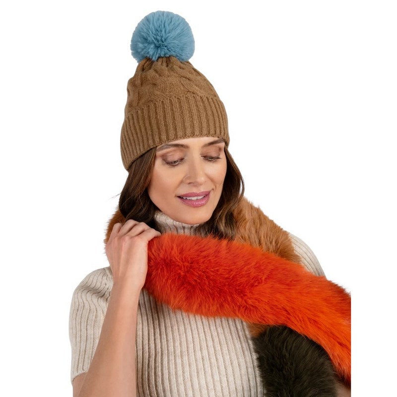 Powder Designs Elise Bobble Hat Chocolate & Ice on model with scarf