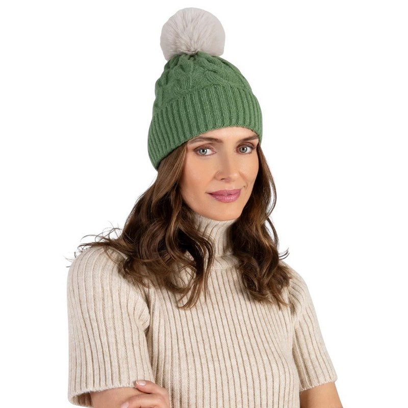 Powder Designs Elise Bobble Hat Sage & Cream ELI13 on model
