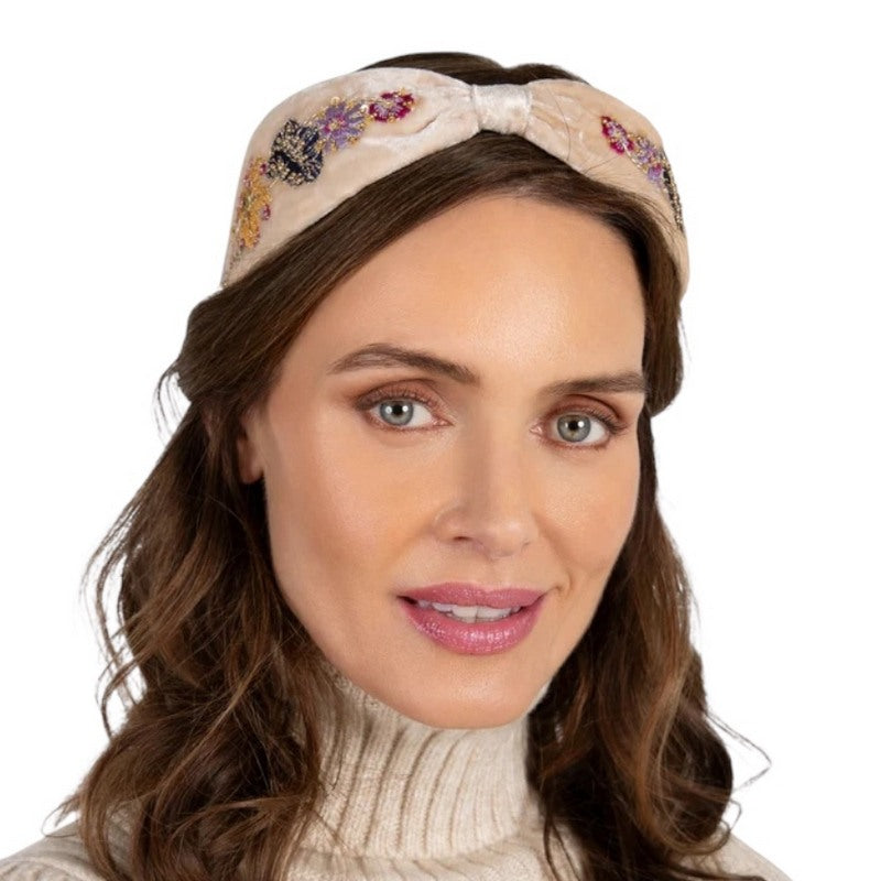 Powder Designs Embellished Velvet Headband Autumn Posy Cream HDB82 on model