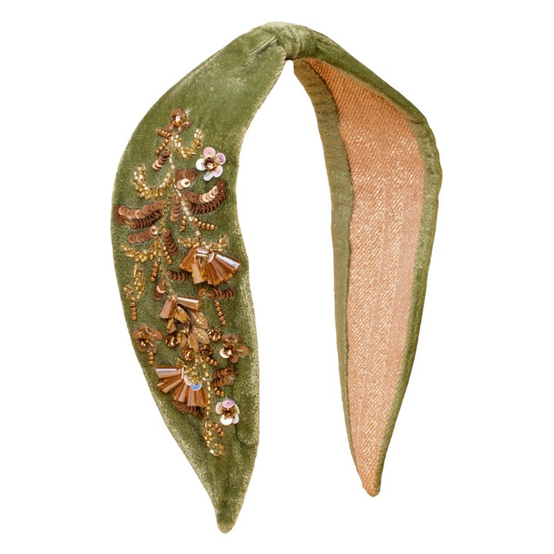 Powder Designs Embellished Velvet Headband Golden Wildflowers in Fern HDB72 main