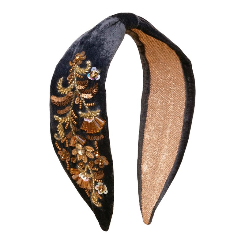 Powder Designs Embellished Velvet Headband Golden Wildflowers in Slate HDB74 main
