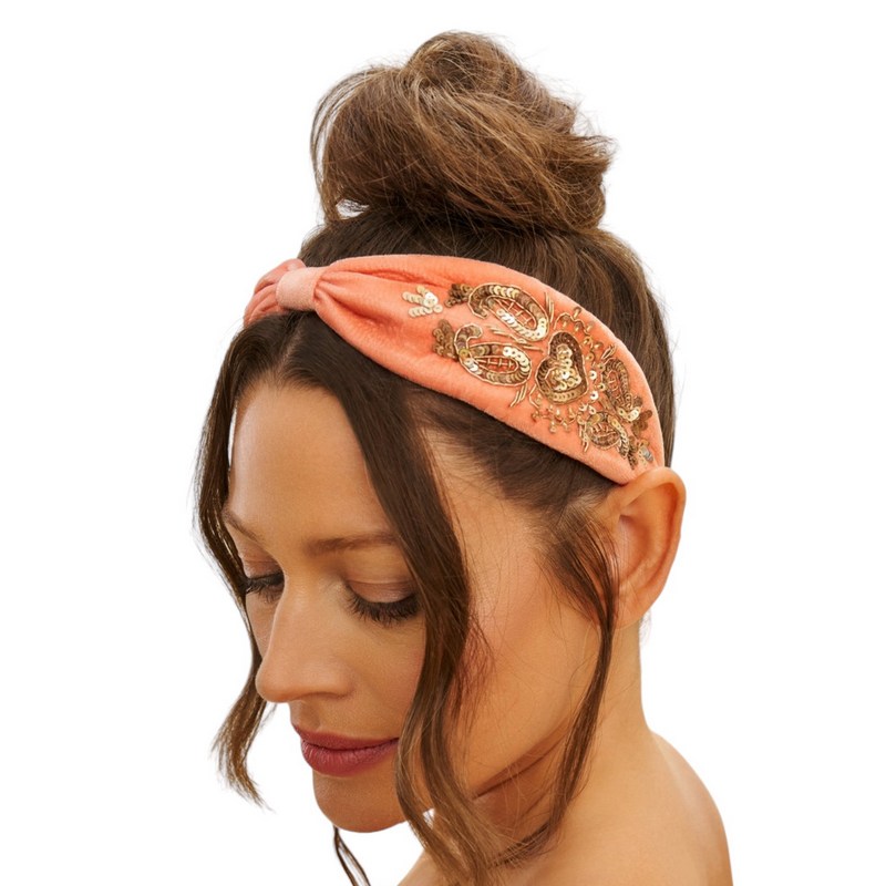 Powder Designs Embellished Velvet Headband Heart Coral HDB75 on model