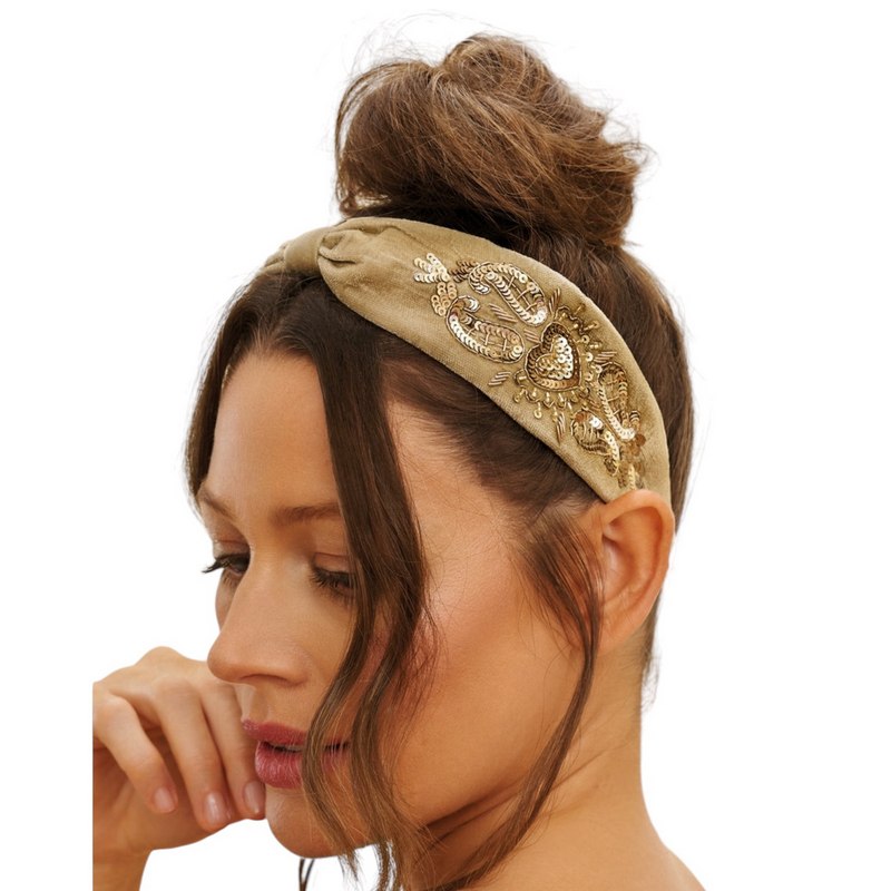 Powder Designs Embellished Velvet Headband Heart Sage HDB77 on model