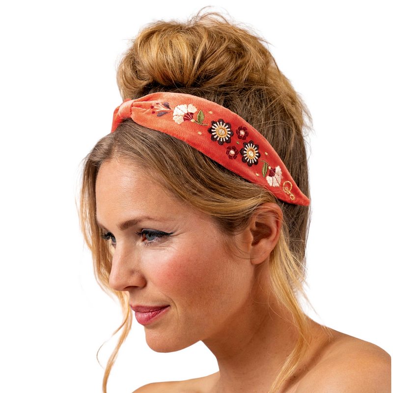 Powder Designs Embroidered Narrow Headband Art Deco Floral Tangerine HDB71 on model
