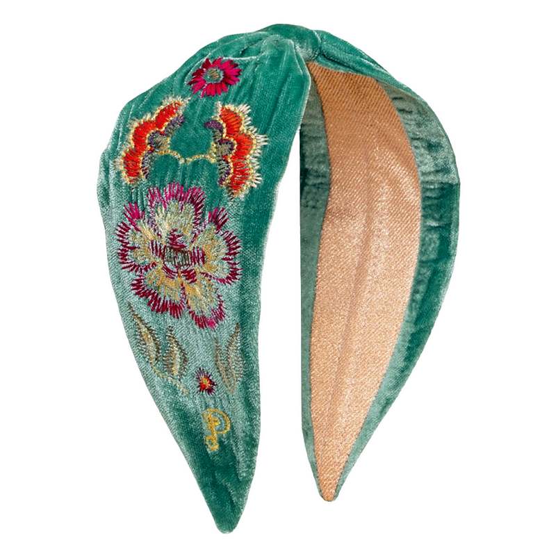 Powder Designs Embroidered Velvet Headband Floral Symmetry in Aqua HDB67 main