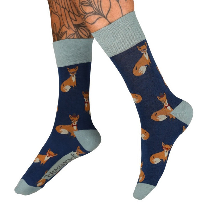 Powder Designs Esteemed Foxes Men's Socks Blue MSOC142 on model