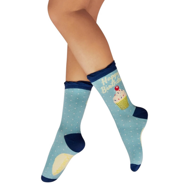 Powder Designs Happy Birthday Treat Ankle Socks Denim SOC703 on model