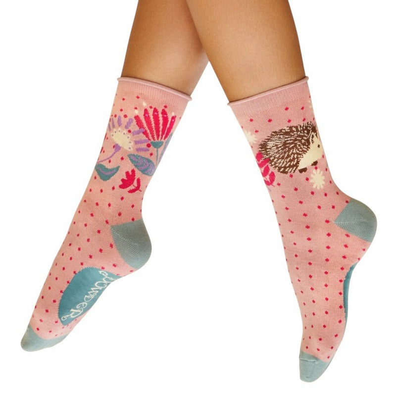 Powder Designs Hedgehog Hunting in Leaves Ankle Socks Petal SOC675 on model