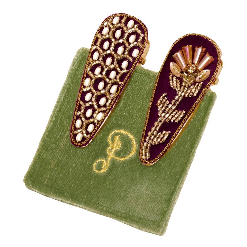 Powder Designs Jewelled Hexagon Floral Stem Hairclips Damson 2 Pack JEW24 main