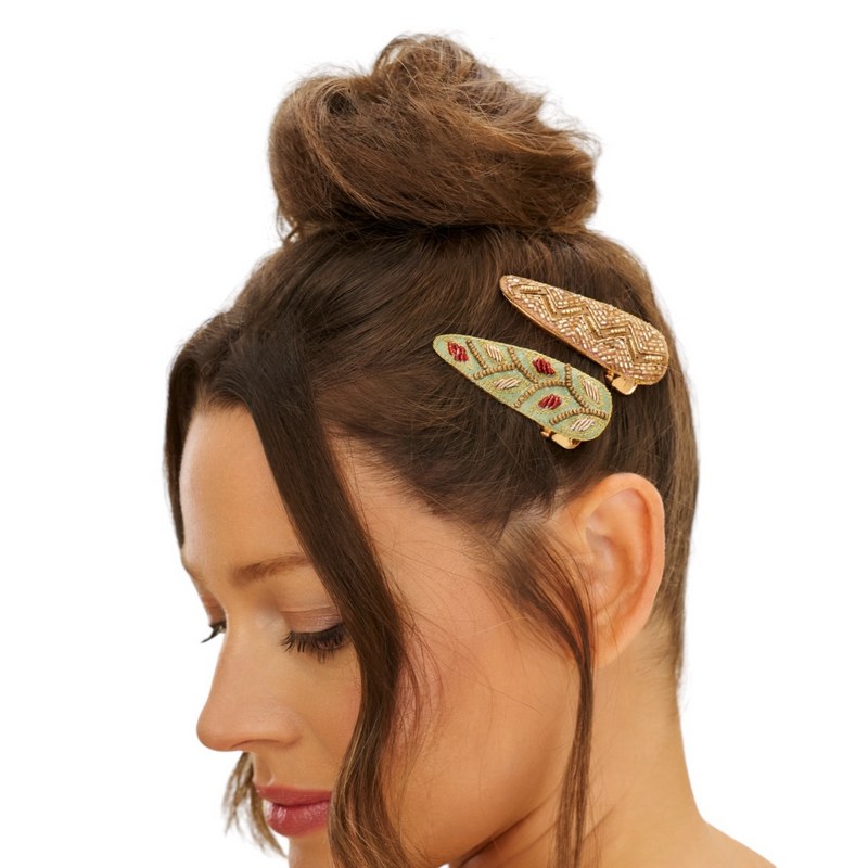 Powder Designs Jewelled Zigzag and 60s Hairclips Cream and Sage JEW42 on model