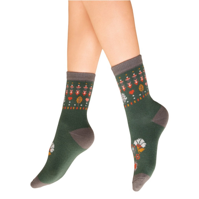Powder Designs Knitted Socks Art Deco Floral Olive SOC639 on model
