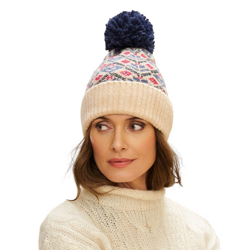 Powder Designs Kristi Bobble Hat Cream and Navy KRI1 on model