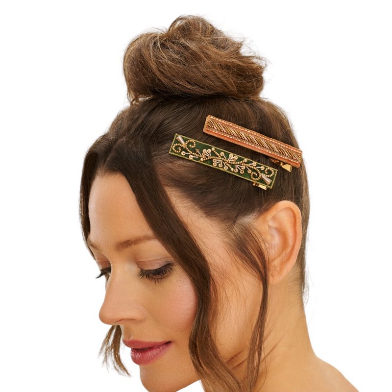 Powder Designs Narrow Jewelled Flourish and Stripe Hair Bar Forest Petal BAR17 on model