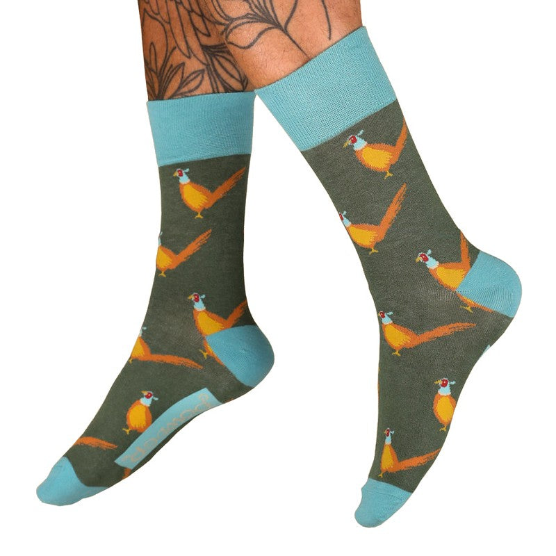 Powder Designs Pheasants Men's Socks Racing Green MSOC145 on model