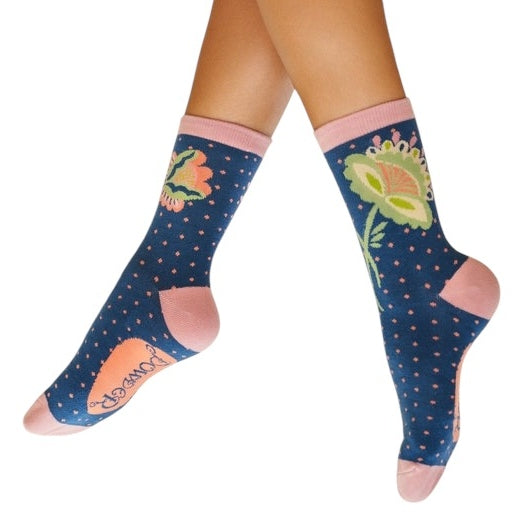 Powder Designs Scandinavian Stems Ankle Socks Navy SOC668 on model