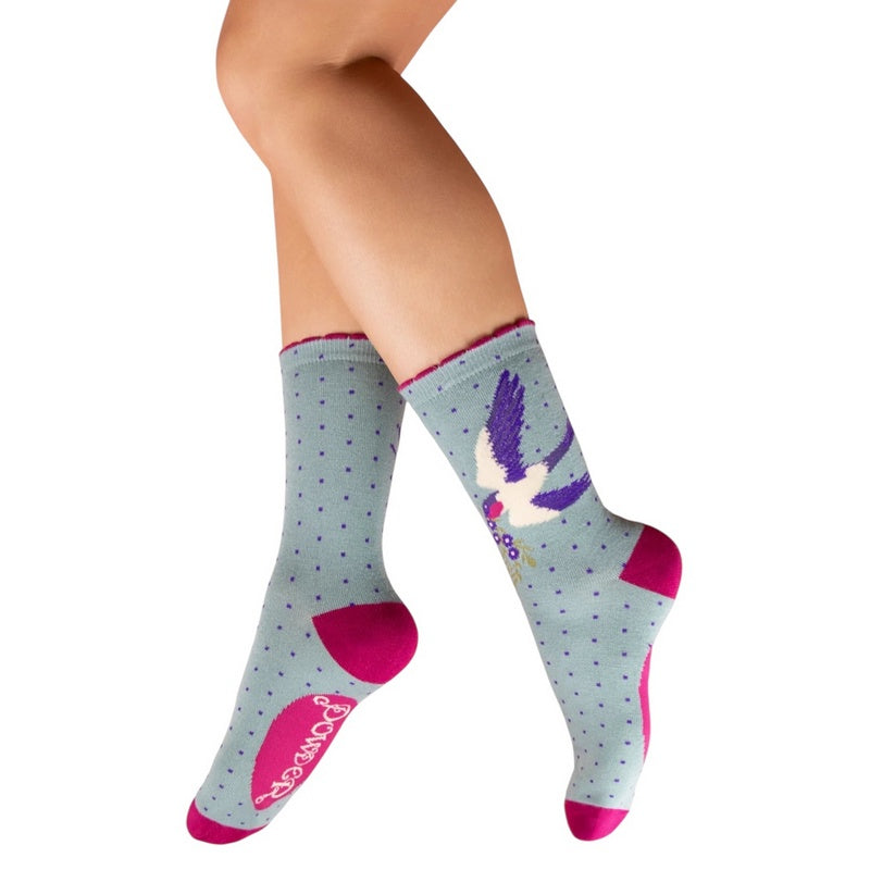 Powder Designs Swooping Swallows Ankle Socks Ice Blue SOC757 on model
