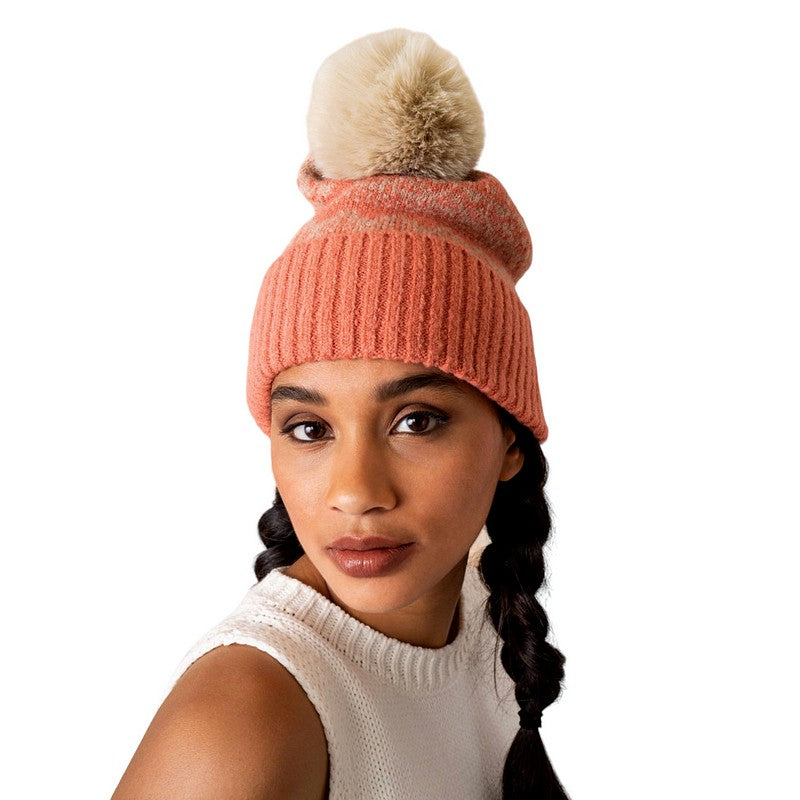 Powder Designs Thora Bobble Hat in Coral & Taupe THO2 on model