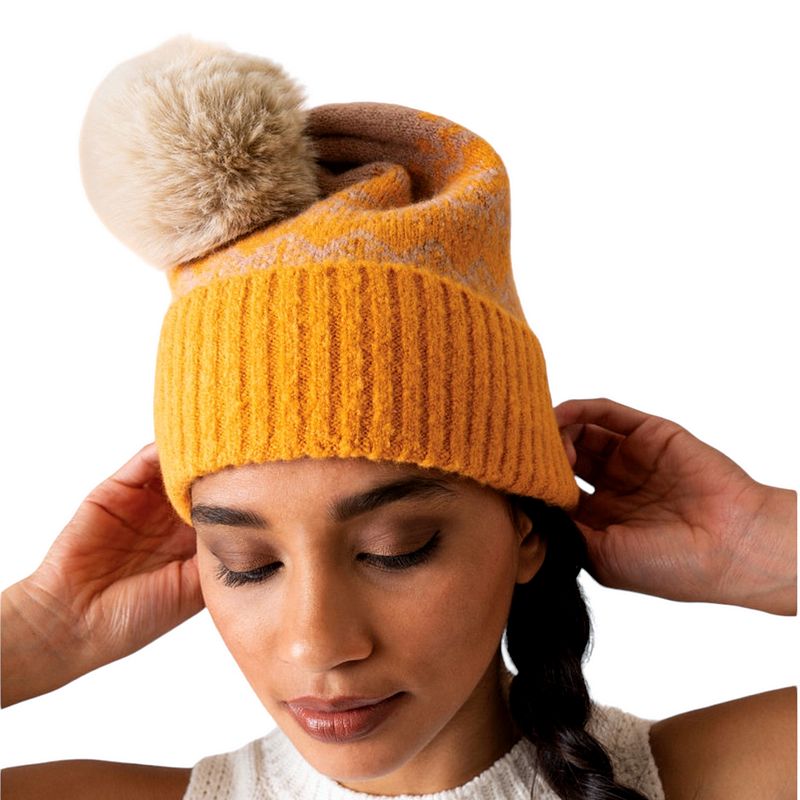 Powder Designs Thora Bobble Hat in Mustard & Taupe THO1 on model