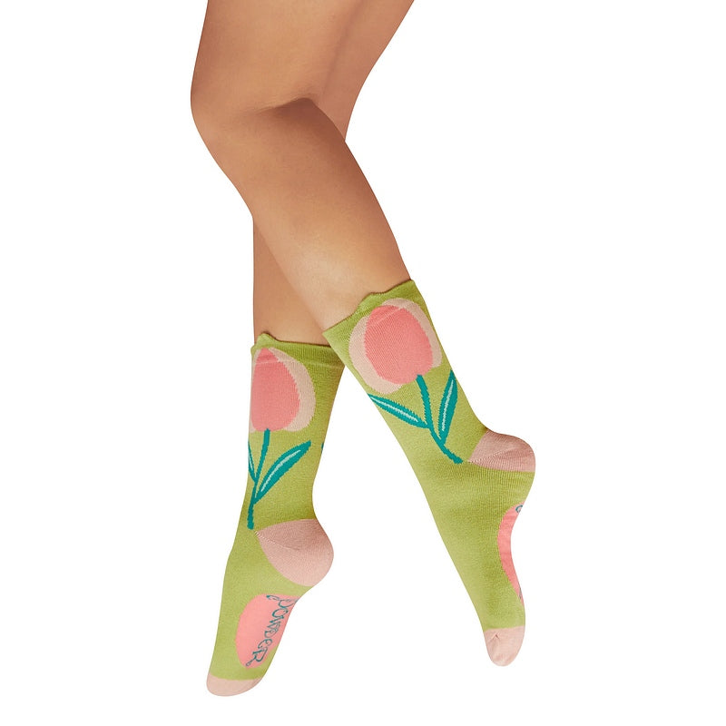 Powder Designs Tulip Flower Top Ankle Socks Sage SOC736 main