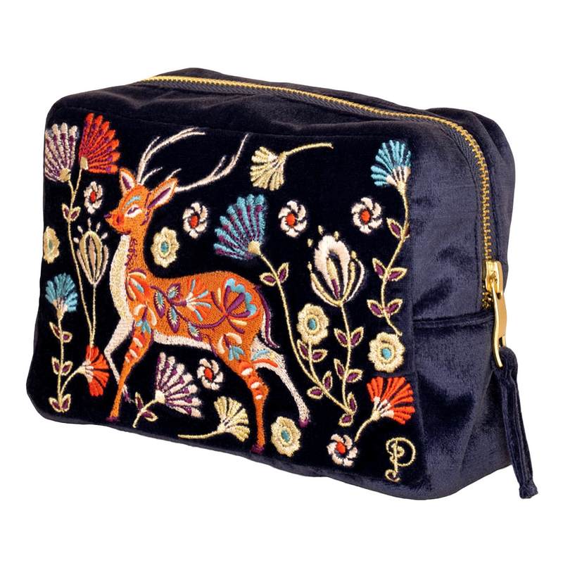 Powder Designs Velvet Make-up Bag Slate Folk Art Deer VMB1 main