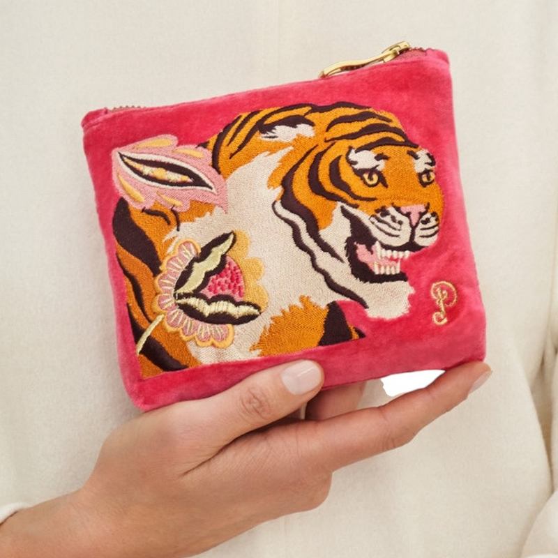 Powder Designs Velvet Mini Pouch Thrill of the Tiger Pink VMP22 close-up