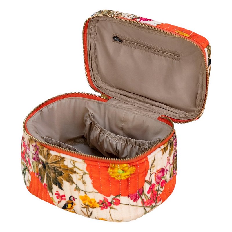 Powder Designs Velvet Quilted Vanity Case Fine Flowers Cream QVC3 open