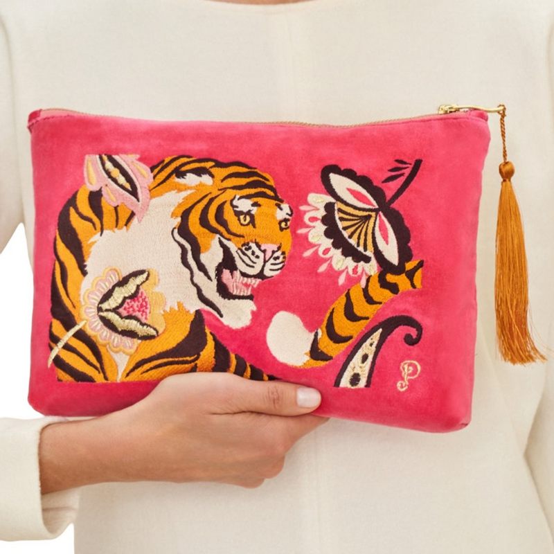 Powder Designs Velvet Zip Pouch Thrill of the Tiger Pink VZP22 close-up