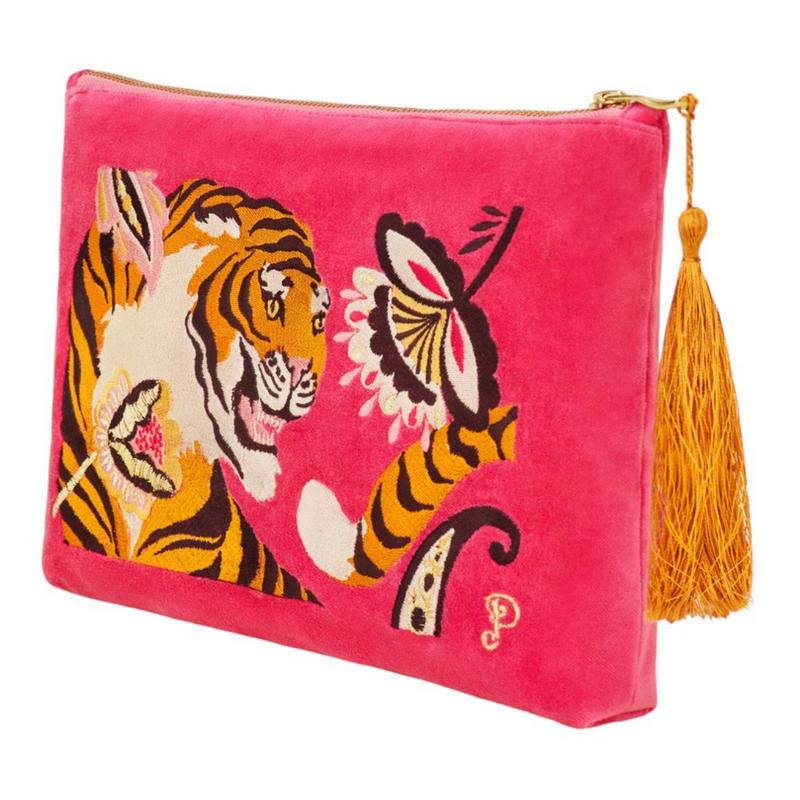 Powder Designs Velvet Zip Pouch Thrill of the Tiger Pink VZP22 front