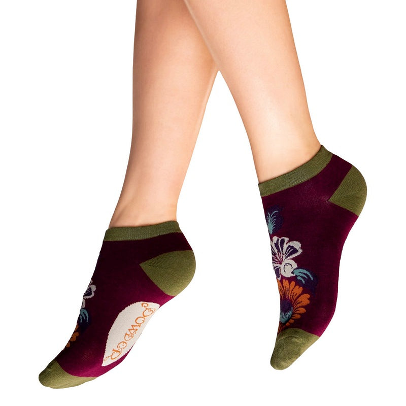 Powder Designs Vintage Floral Bamboo-blend Trainer Socks in Damson SOC626 main