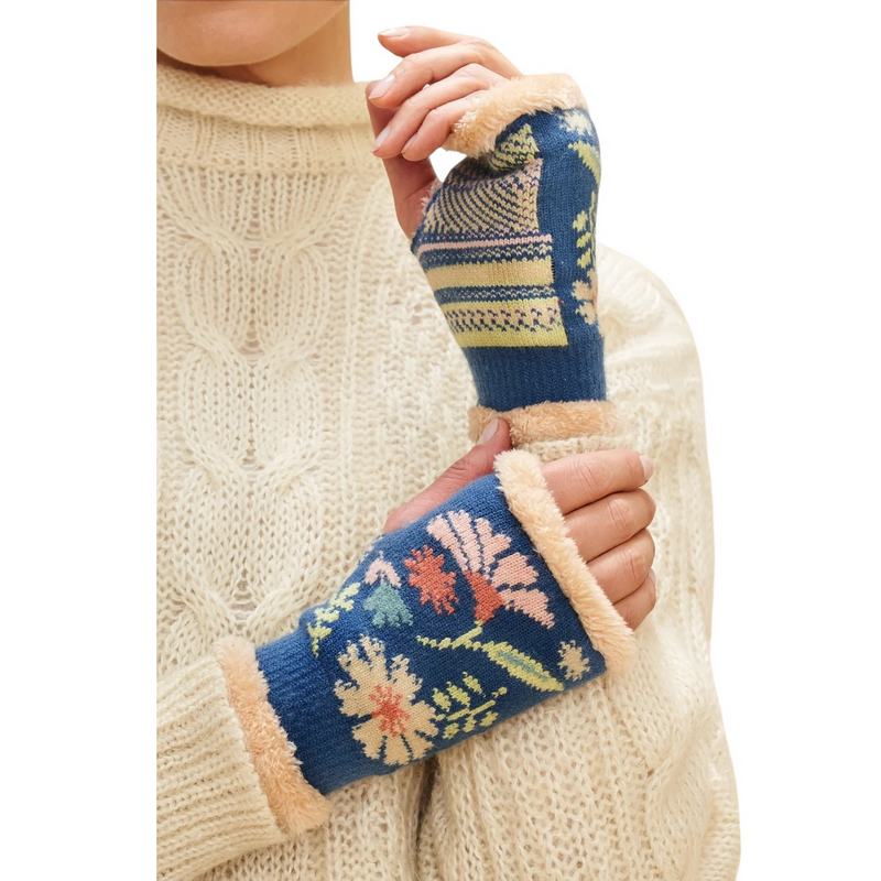 Powder Designs Watercolour Floral Wrist Warmers Denim COS137 on model