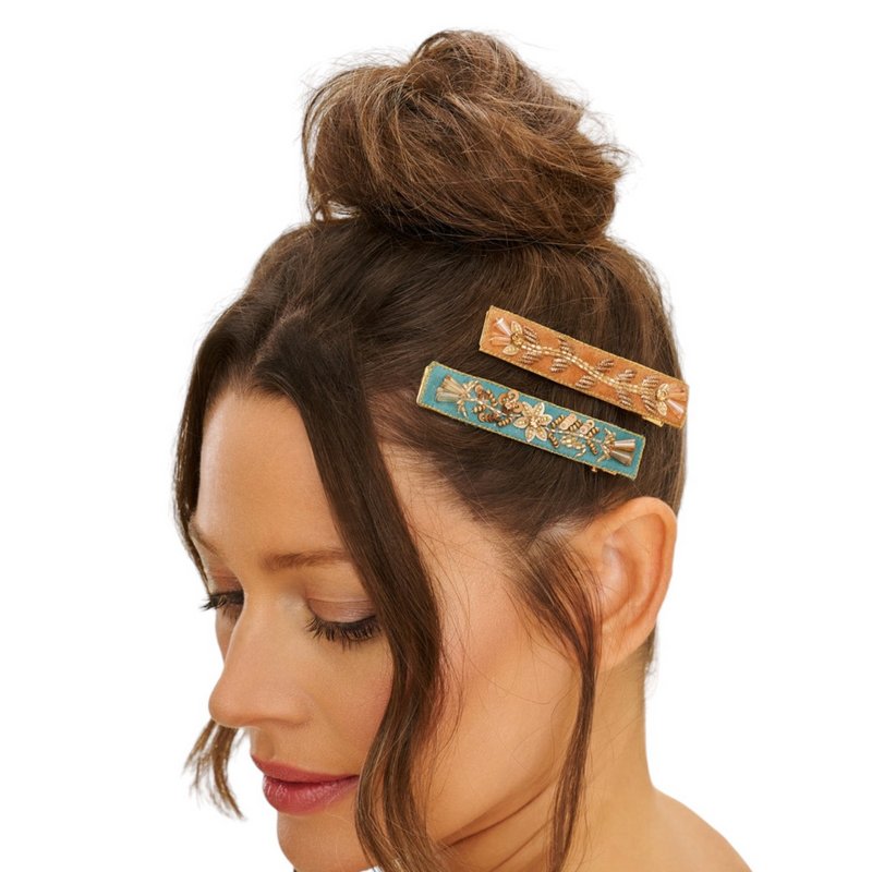 Powder Narrow Jewelled Floral Vines Hair Bar Turquoise & Mustard BAR13 on model