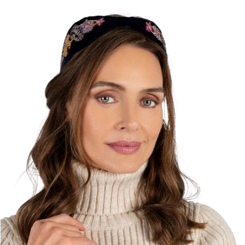Powder UK Embellished Velvet Headband Autumn Posy Midnight HDB81 on model
