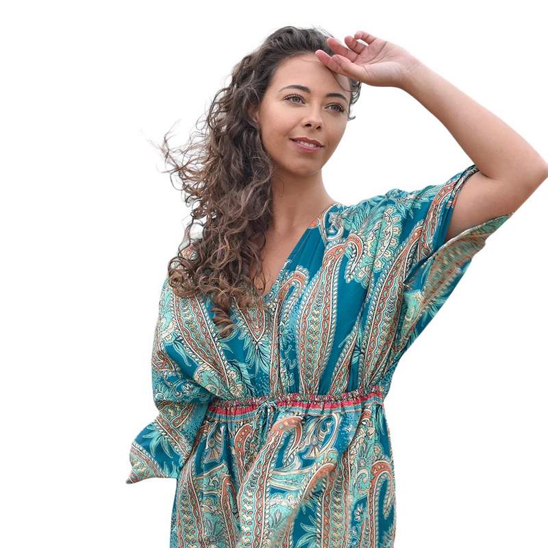 Powell Craft Aspen Turquoise Dress with Tassels Turquoise DRV713 on model close-up