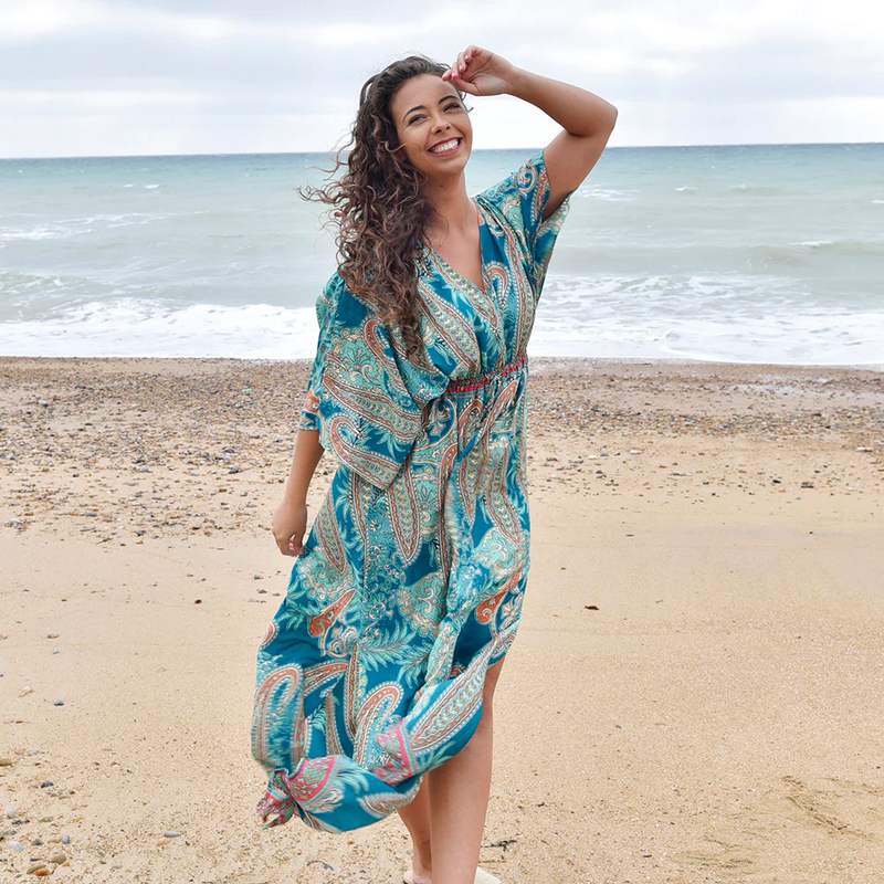 Powell Craft Aspen Turquoise Dress with Tassels Turquoise DRV713 on model on beach