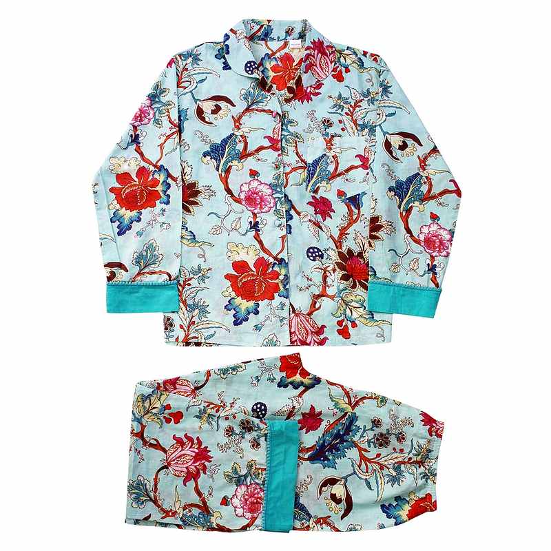 Powell Craft Blue Exotic Flower Ladies Pyjamas SN24 flat
