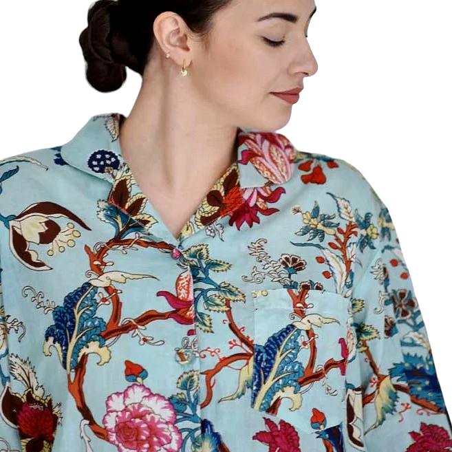 Powell Craft Blue Exotic Flower Ladies Pyjamas SN24 on model detail