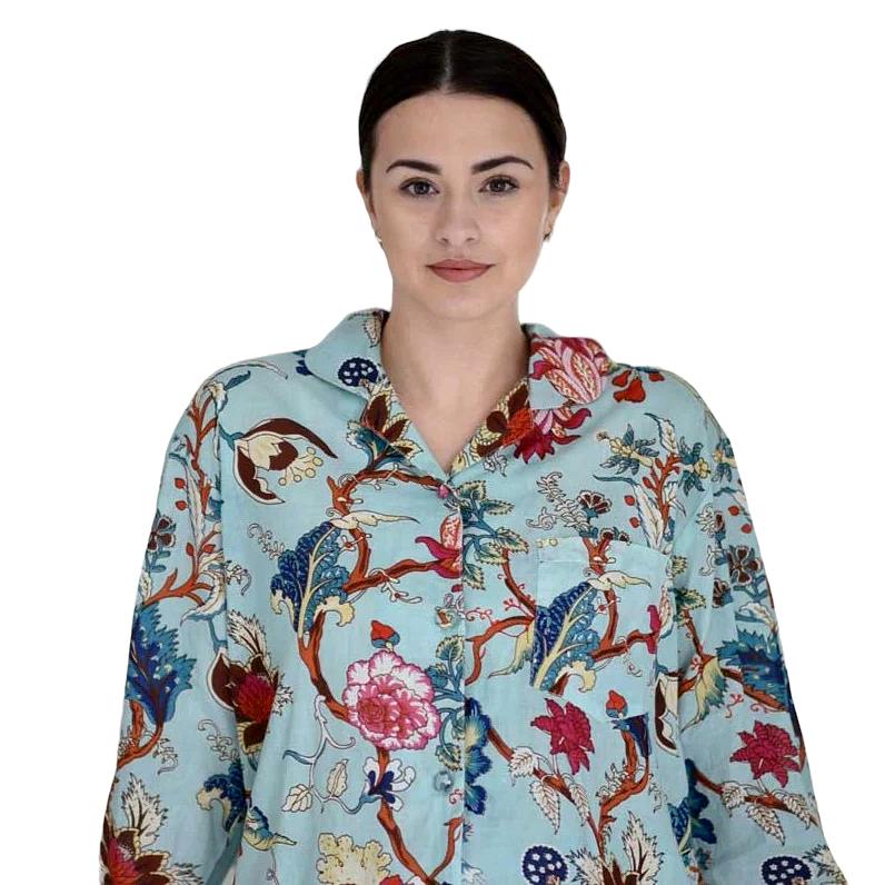 Powell Craft Blue Exotic Flower Ladies Pyjamas SN24 on model front