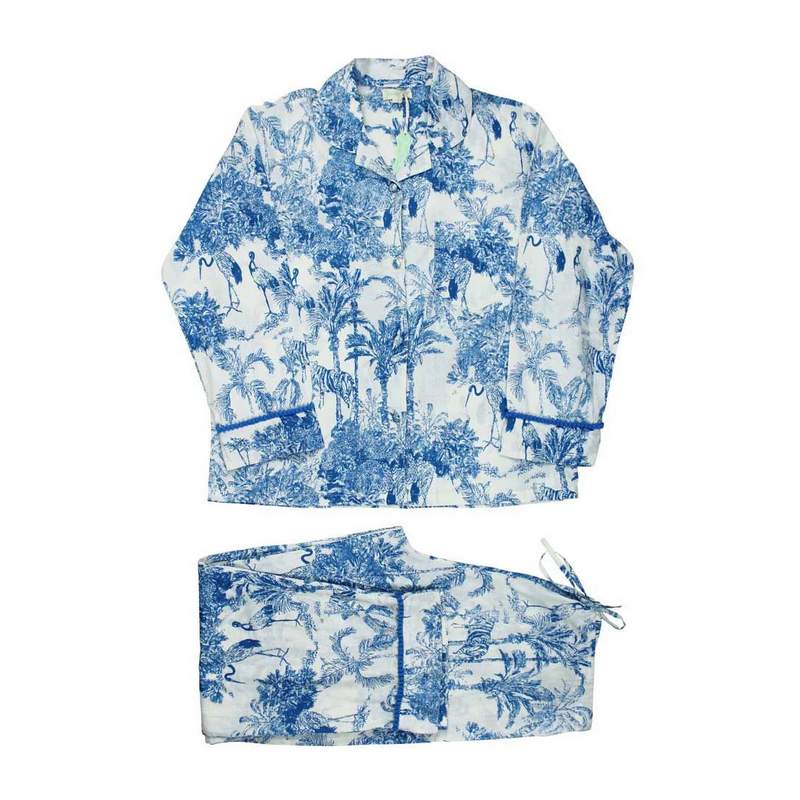 Powell Craft Blue & White Safari Toile De Jouy Pyjamas SN453S front