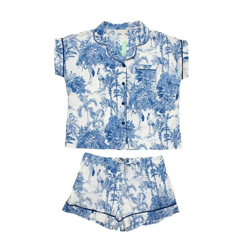 Powell Craft Blue & White Safari Toile De Jouy Short Pyjama Set SPJ453S front