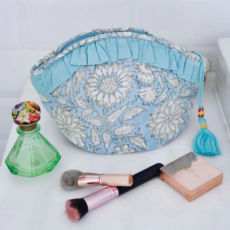 Powell Craft Cornflower Blue Floral Print Balloon Wash Bag QWBB448 lifestyle