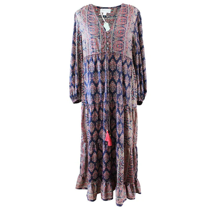 Powell Craft Dahlia Navy Blue Paisley Dress One Size DRV734 front