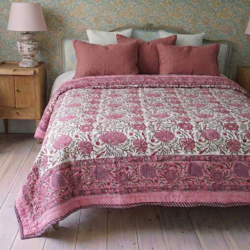 Powell Craft Dark Rose and Cream Floral Queen Quilted Throw Q1120 lifestyle reversed