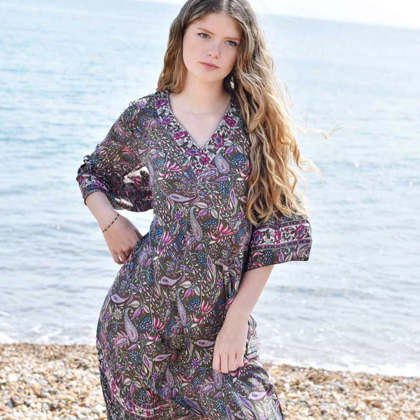 Powell Craft Deliha V-Neck Long Bias-Cut Dress Dark Bronze DRV680 on model on the beach