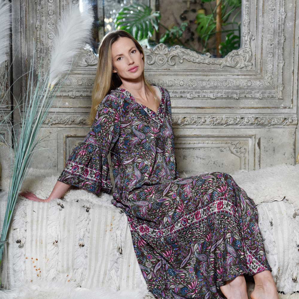 Powell Craft Deliha V-Neck Long Bias-Cut Dress Dark Bronze DRV680 on model reclining