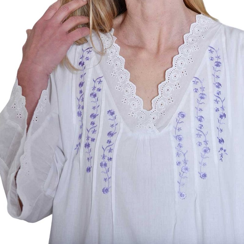 Powell Craft Eloise V Neck Nightdress White with Purple Embroidery SN123 on model collar detail