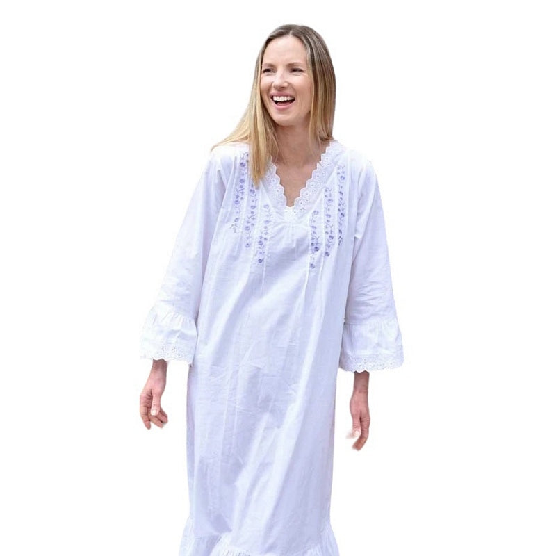 Powell Craft Eloise V Neck Nightdress White with Purple Embroidery SN123 on model main